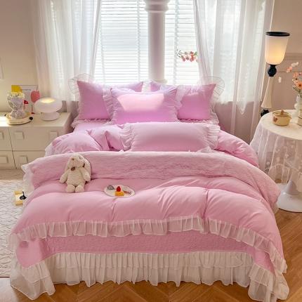 芭比蔓家纺 2023新款甜心蕾丝雪纺花边床盖四件套 甜心-粉色