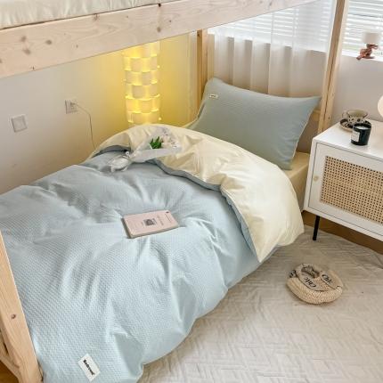 91家纺网 家纺一手货源 找家纺 眠博士 2023新款全棉华夫格学生上下铺四件套 简约款-蓝奶黄