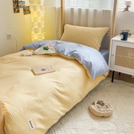 91家纺网 家纺一手货源 找家纺 眠博士 2023新款全棉华夫格学生上下铺四件套 简约款-奶黄蓝