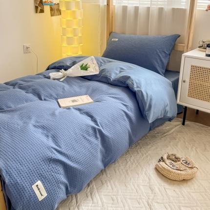 91家纺网 家纺一手货源 找家纺 眠博士 2023新款全棉华夫格学生上下铺四件套 简约款-天蓝