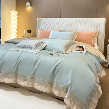 91家纺网 家纺一手货源 找家纺 【60支长绒棉】全棉纯棉轻奢风纯色简约刺绣床单被套床上用品千鸟格床笠款