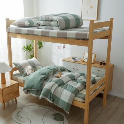 91家纺网 家纺一手货源 找家纺 九沐良品 新款A类全棉水洗棉宿舍三件套 绿大格