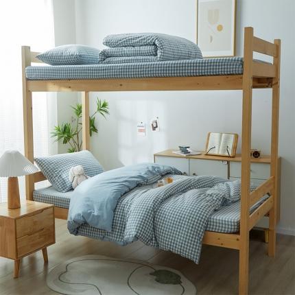 91家纺网 家纺一手货源 找家纺 九沐良品 新款A类全棉水洗棉宿舍三件套 浅蓝小格