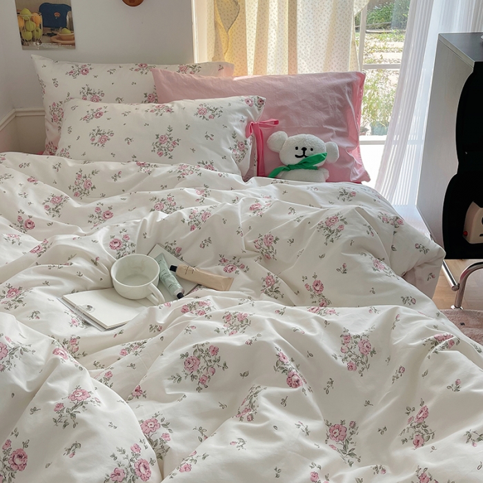 91家纺网 家纺一手货源 找家纺 昔可 2023新款亲肤韩系全棉绑带款四件套 初恋蔷薇