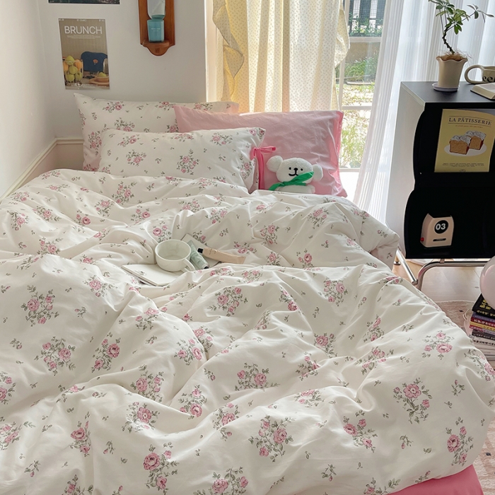 91家纺网 家纺一手货源 找家纺 昔可 2023新款亲肤韩系全棉绑带款四件套 初恋蔷薇