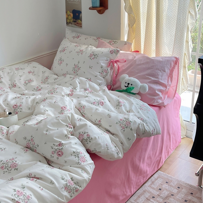 91家纺网 家纺一手货源 找家纺 昔可 2023新款亲肤韩系全棉绑带款四件套 初恋蔷薇