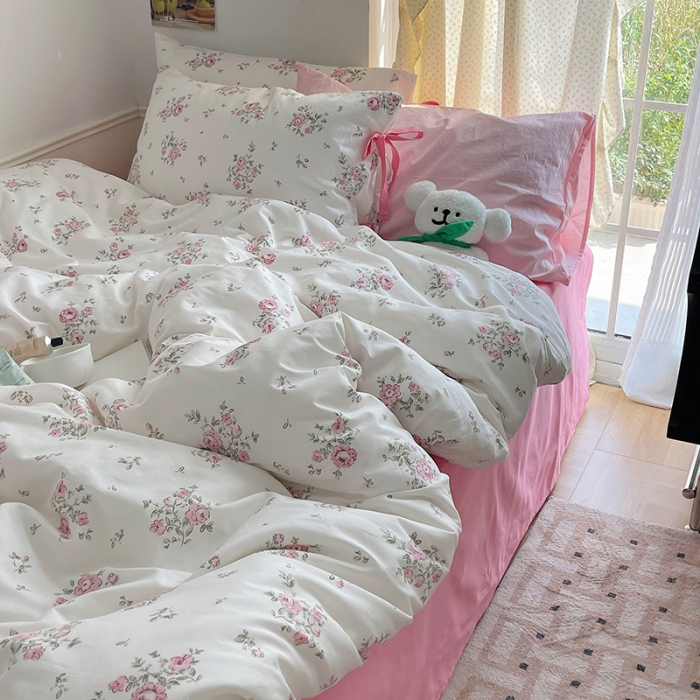 91家纺网 家纺一手货源 找家纺 昔可 2023新款亲肤韩系全棉绑带款四件套 初恋蔷薇