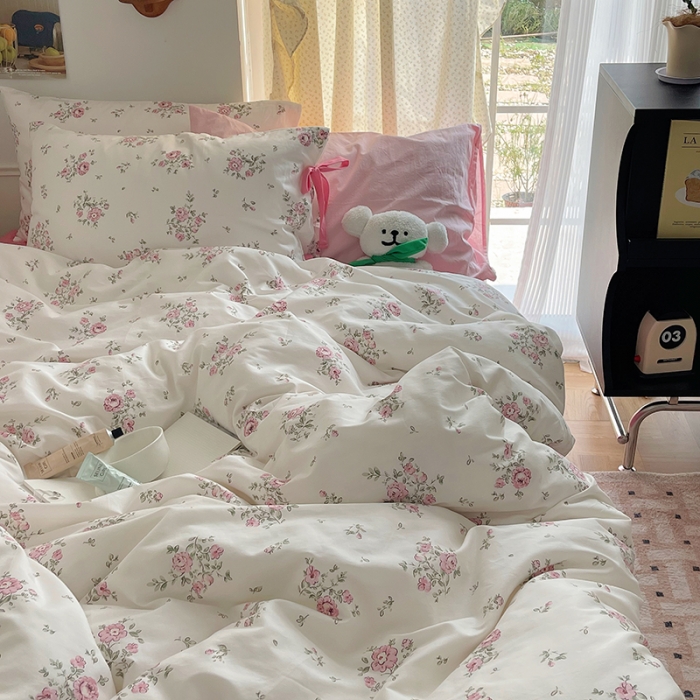 91家纺网 家纺一手货源 找家纺 昔可 2023新款亲肤韩系全棉绑带款四件套 初恋蔷薇