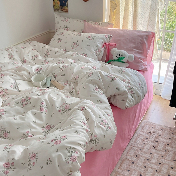 91家纺网 家纺一手货源 找家纺 昔可 2023新款亲肤韩系全棉绑带款四件套 初恋蔷薇