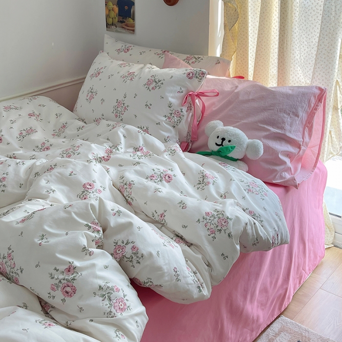 91家纺网 家纺一手货源 找家纺 昔可 2023新款亲肤韩系全棉绑带款四件套 初恋蔷薇