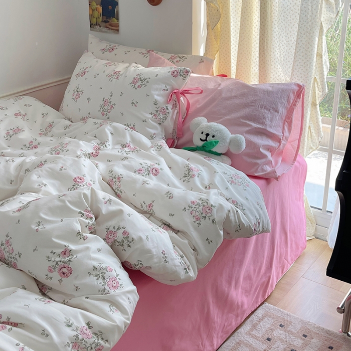 91家纺网 家纺一手货源 找家纺 昔可 2023新款亲肤韩系全棉绑带款四件套 初恋蔷薇