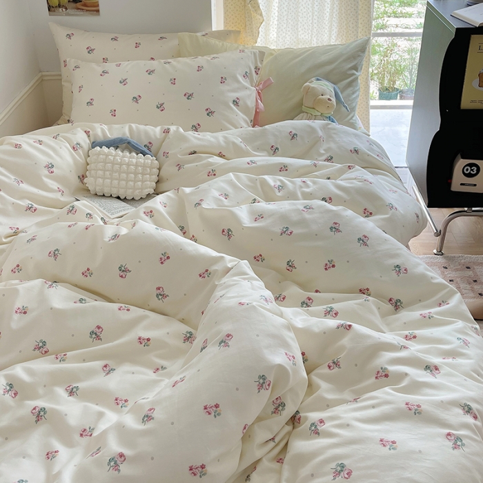 91家纺网 家纺一手货源 找家纺 昔可 2023新款亲肤韩系全棉绑带款四件套 点点粉玫瑰