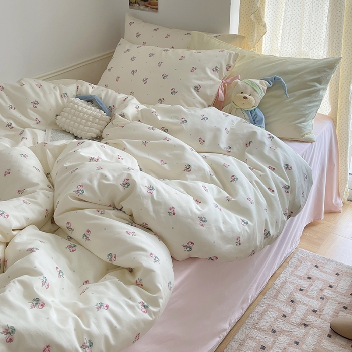 91家纺网 家纺一手货源 找家纺 昔可 2023新款亲肤韩系全棉绑带款四件套 点点粉玫瑰