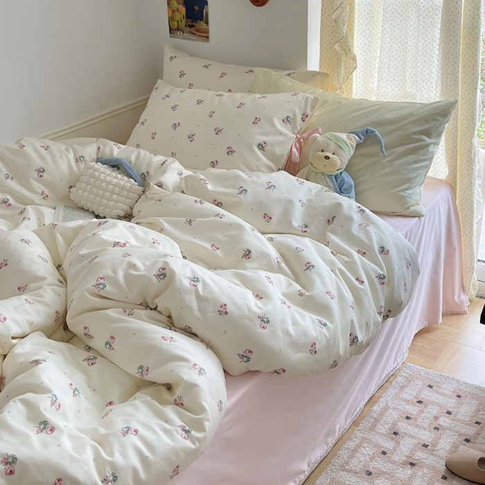 91家纺网 家纺一手货源 找家纺 昔可 2023新款亲肤韩系全棉绑带款四件套 点点粉玫瑰