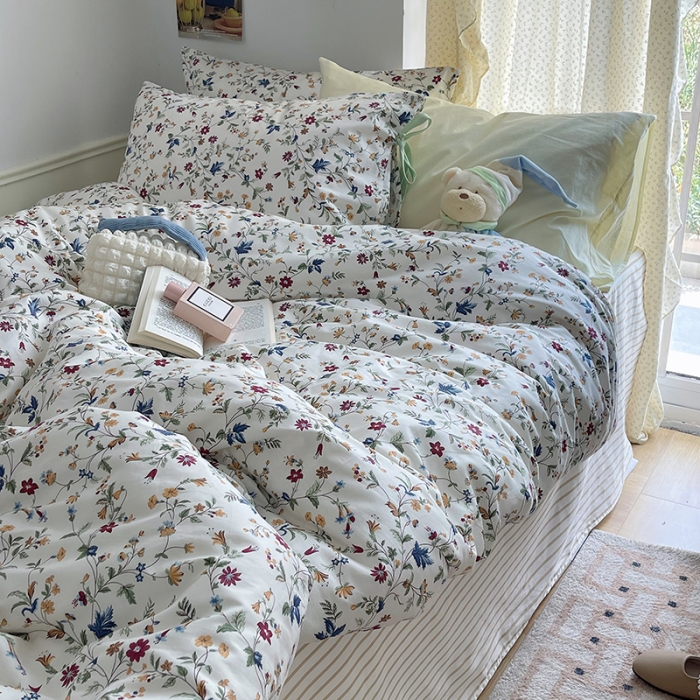 91家纺网 家纺一手货源 找家纺 昔可 2023新款亲肤韩系全棉绑带款四件套 花漾