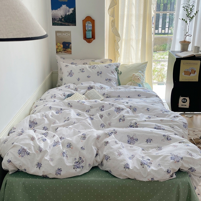 91家纺网 家纺一手货源 找家纺 昔可 2023新款亲肤韩系全棉绑带款四件套 玫瑰画染紫