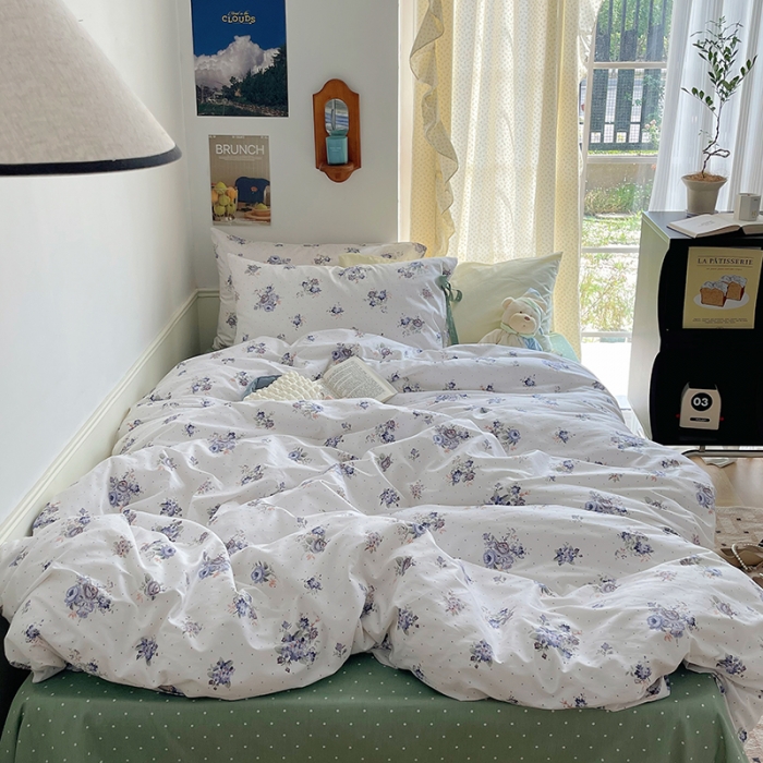 91家纺网 家纺一手货源 找家纺 昔可 2023新款亲肤韩系全棉绑带款四件套 玫瑰画染紫