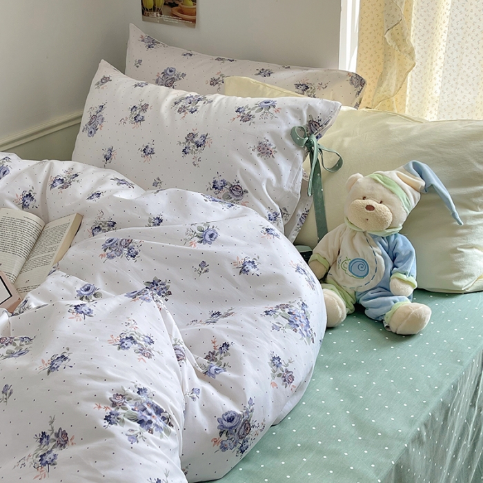 91家纺网 家纺一手货源 找家纺 昔可 2023新款亲肤韩系全棉绑带款四件套 玫瑰画染紫