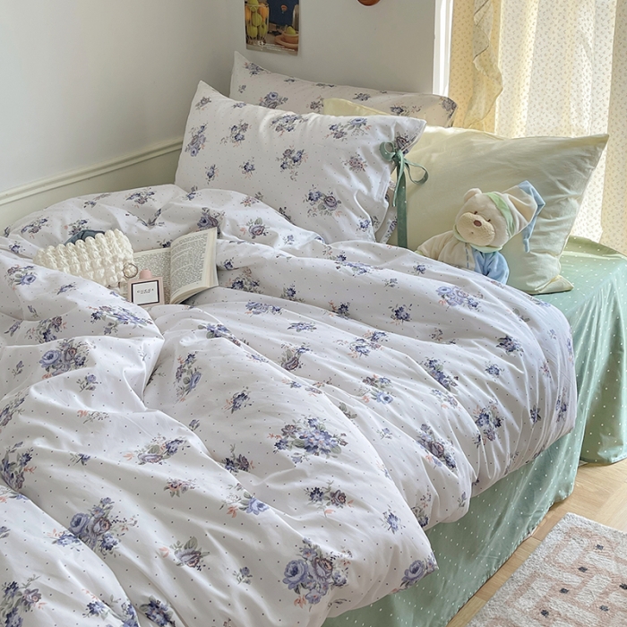 91家纺网 家纺一手货源 找家纺 昔可 2023新款亲肤韩系全棉绑带款四件套 玫瑰画染紫