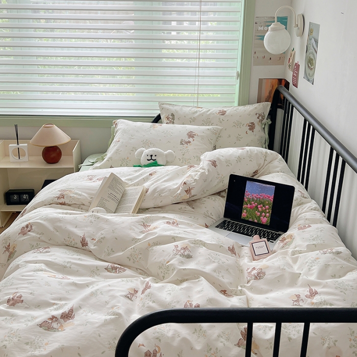 91家纺网 家纺一手货源 找家纺 昔可 2023新款亲肤韩系全棉绑带款四件套 森林城堡的小鹿