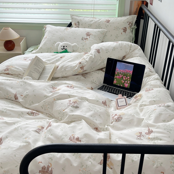 91家纺网 家纺一手货源 找家纺 昔可 2023新款亲肤韩系全棉绑带款四件套 森林城堡的小鹿