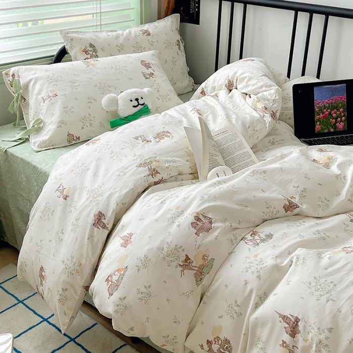 91家纺网 家纺一手货源 找家纺 昔可 2023新款亲肤韩系全棉绑带款四件套 森林城堡的小鹿