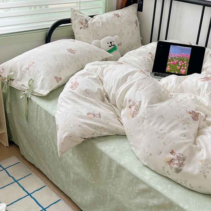 91家纺网 家纺一手货源 找家纺 昔可 2023新款亲肤韩系全棉绑带款四件套 森林城堡的小鹿