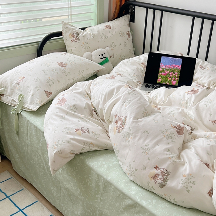 91家纺网 家纺一手货源 找家纺 昔可 2023新款亲肤韩系全棉绑带款四件套 森林城堡的小鹿