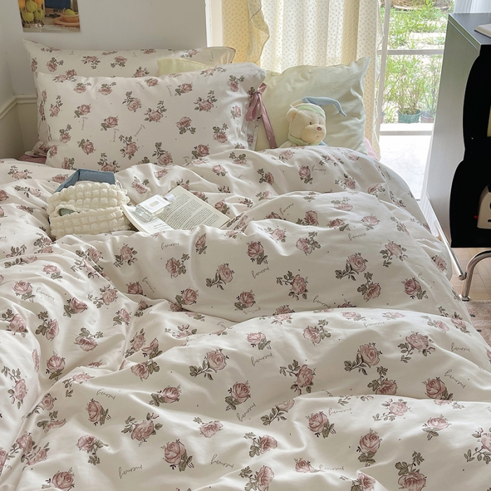 91家纺网 家纺一手货源 找家纺 昔可 2023新款亲肤韩系全棉绑带款四件套 水墨红玫瑰