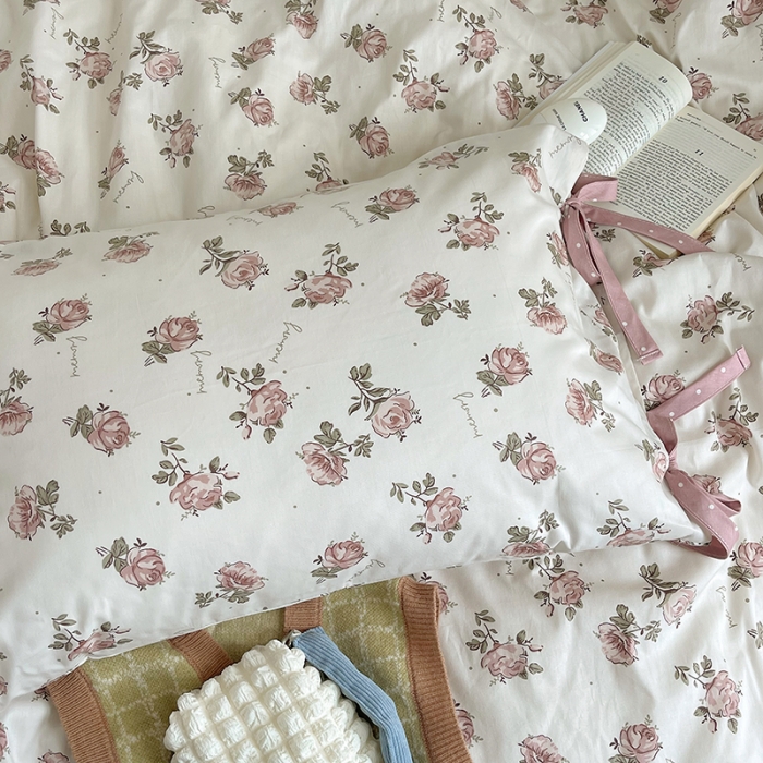 91家纺网 家纺一手货源 找家纺 昔可 2023新款亲肤韩系全棉绑带款四件套 水墨红玫瑰