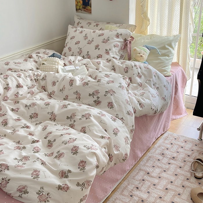 91家纺网 家纺一手货源 找家纺 昔可 2023新款亲肤韩系全棉绑带款四件套 水墨红玫瑰