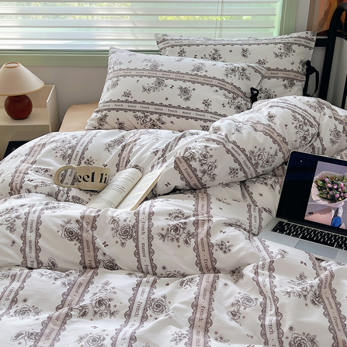 91家纺网 家纺一手货源 找家纺 昔可 2023新款亲肤韩系全棉绑带款四件套 水墨山茶