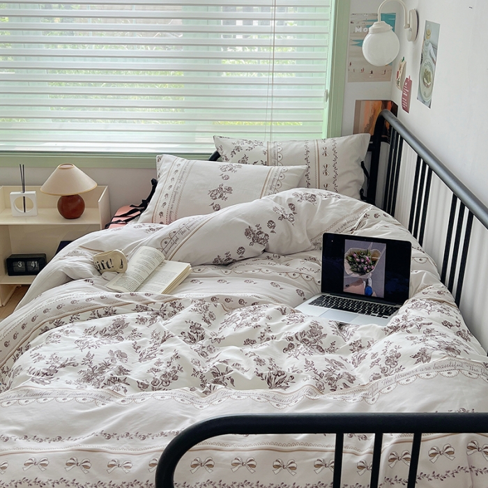 91家纺网 家纺一手货源 找家纺 昔可 2023新款亲肤韩系全棉绑带款四件套 午后清茶