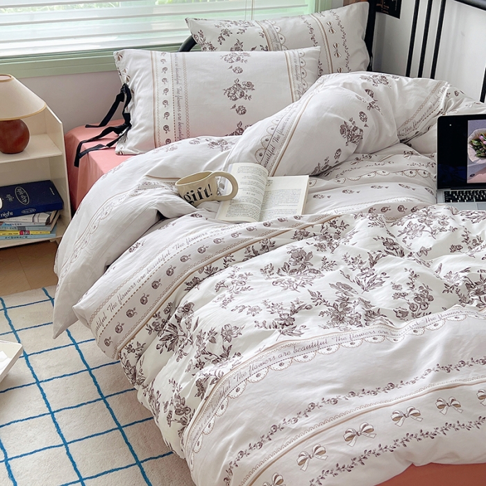 91家纺网 家纺一手货源 找家纺 昔可 2023新款亲肤韩系全棉绑带款四件套 午后清茶