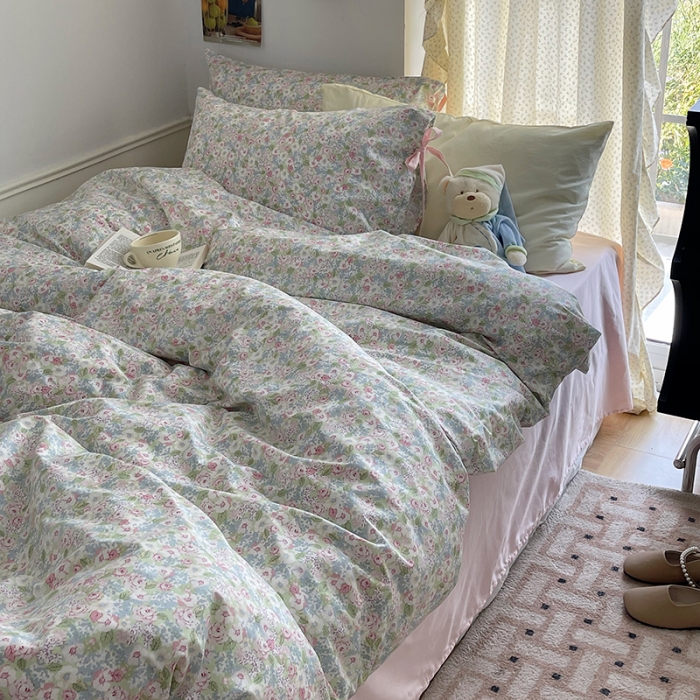 91家纺网 家纺一手货源 找家纺 昔可 2023新款亲肤韩系全棉绑带款四件套 仙境花园