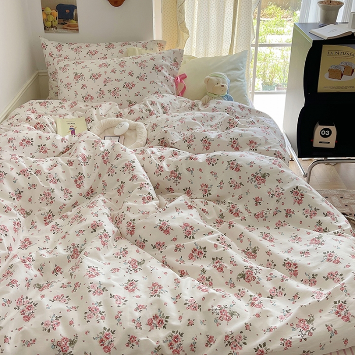 91家纺网 家纺一手货源 找家纺 昔可 2023新款亲肤韩系全棉绑带款四件套 樱花信子