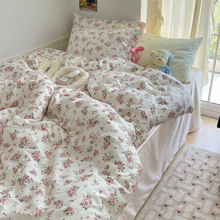 91家纺网 家纺一手货源 找家纺 昔可 2023新款亲肤韩系全棉绑带款四件套 樱花信子