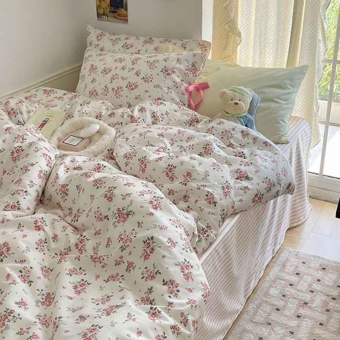 91家纺网 家纺一手货源 找家纺 昔可 2023新款亲肤韩系全棉绑带款四件套 樱花信子