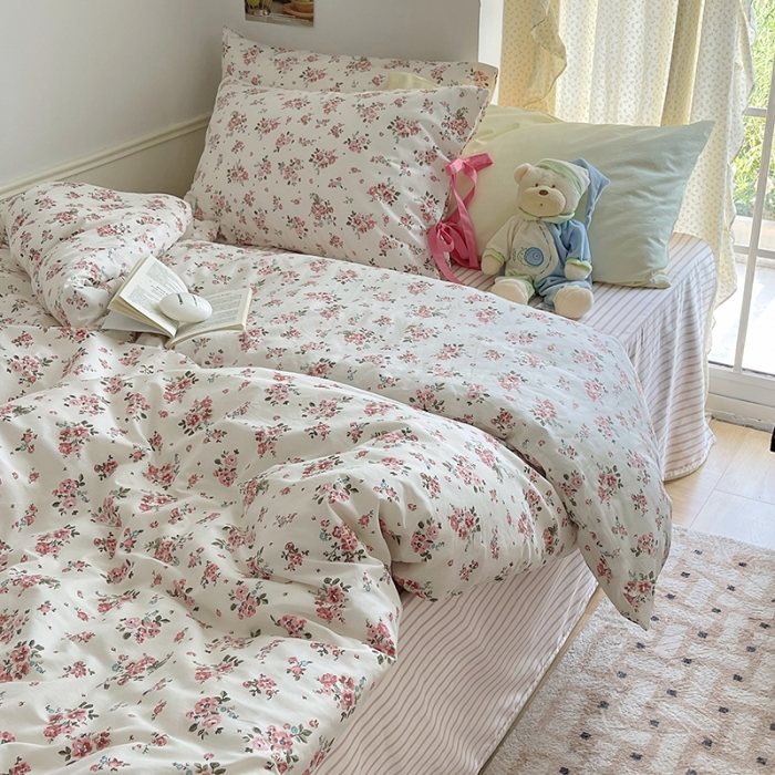 91家纺网 家纺一手货源 找家纺 昔可 2023新款亲肤韩系全棉绑带款四件套 樱花信子