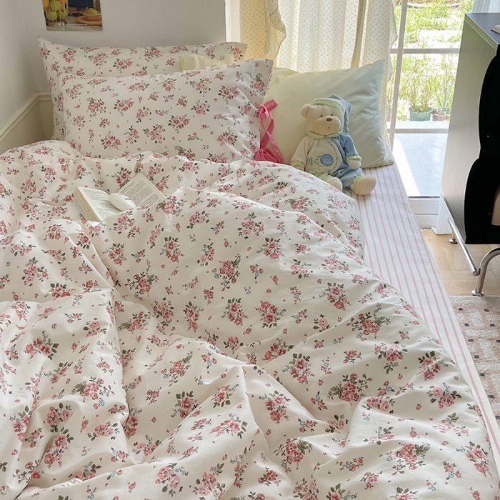 91家纺网 家纺一手货源 找家纺 昔可 2023新款亲肤韩系全棉绑带款四件套 樱花信子