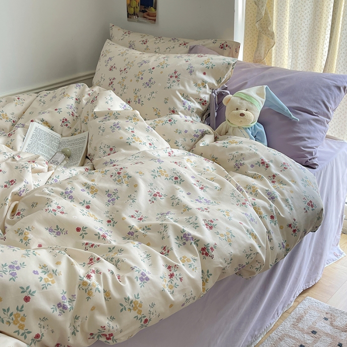 91家纺网 家纺一手货源 找家纺 昔可 2023新款亲肤韩系全棉绑带款四件套 紫色慕斯