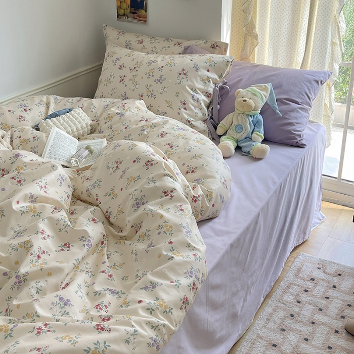 91家纺网 家纺一手货源 找家纺 昔可 2023新款亲肤韩系全棉绑带款四件套 紫色慕斯