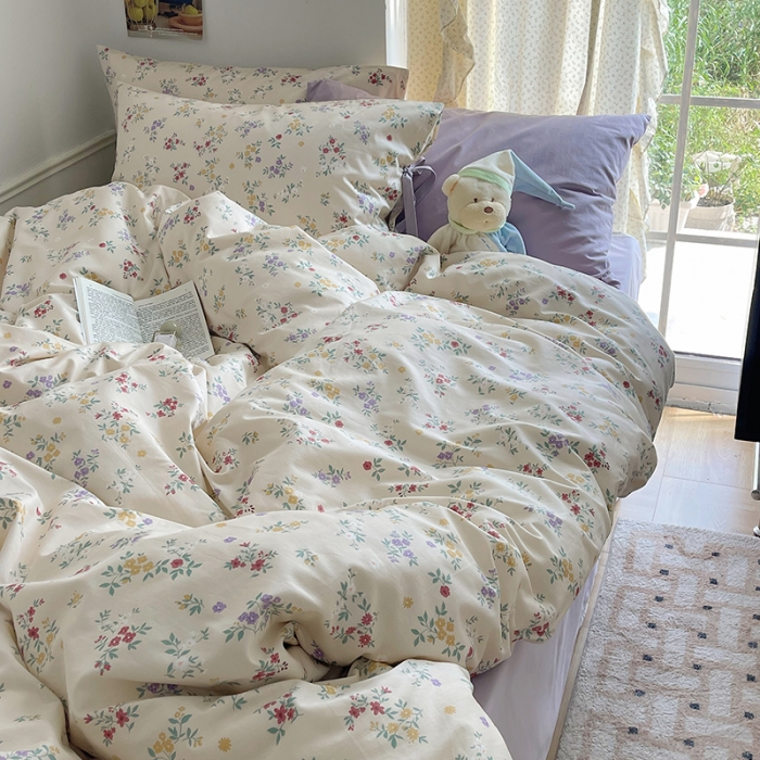 91家纺网 家纺一手货源 找家纺 昔可 2023新款亲肤韩系全棉绑带款四件套 紫色慕斯