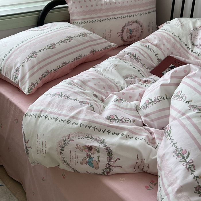 91家纺网 家纺一手货源 找家纺 昔可 2023新款全棉卡通小清新四件套 安妮兔兔花园