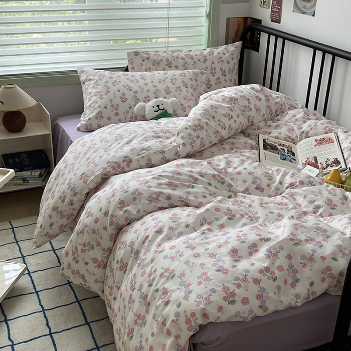 91家纺网 家纺一手货源 找家纺 昔可 2023新款全棉卡通小清新四件套 薄樱粉枝