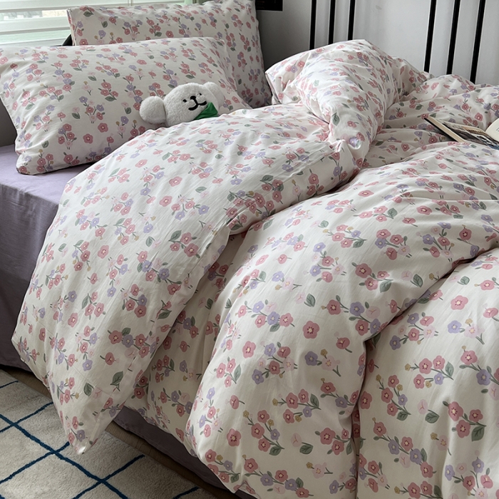 91家纺网 家纺一手货源 找家纺 昔可 2023新款全棉卡通小清新四件套 薄樱粉枝