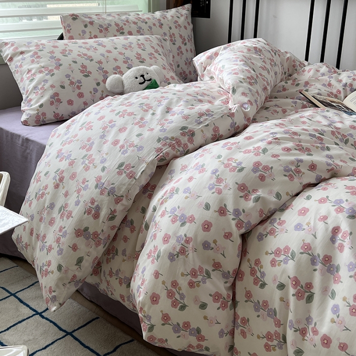 91家纺网 家纺一手货源 找家纺 昔可 2023新款全棉卡通小清新四件套 薄樱粉枝