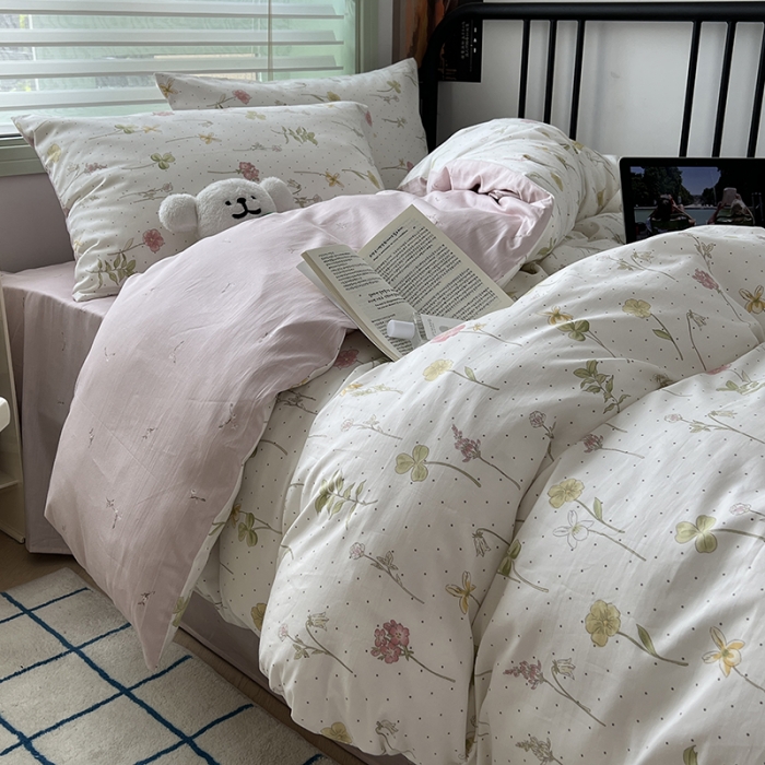 91家纺网 家纺一手货源 找家纺 昔可 2023新款全棉卡通小清新四件套 春日水彩花卉