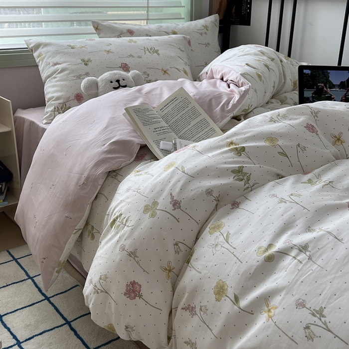 91家纺网 家纺一手货源 找家纺 昔可 2023新款全棉卡通小清新四件套 春日水彩花卉