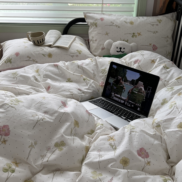 91家纺网 家纺一手货源 找家纺 昔可 2023新款全棉卡通小清新四件套 春日水彩花卉